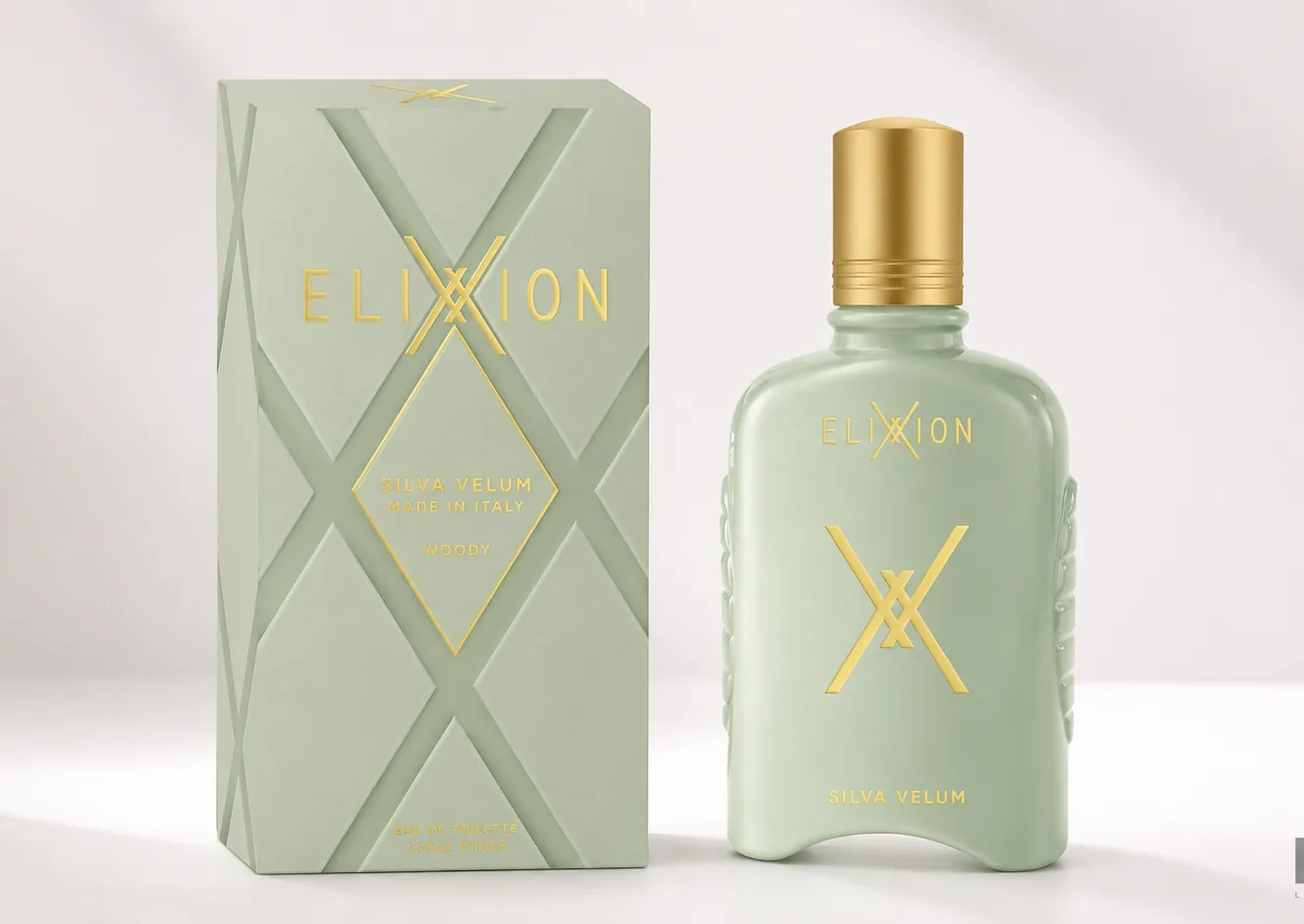 Sylva Velum Eau de Toilette in sage green beside its carton