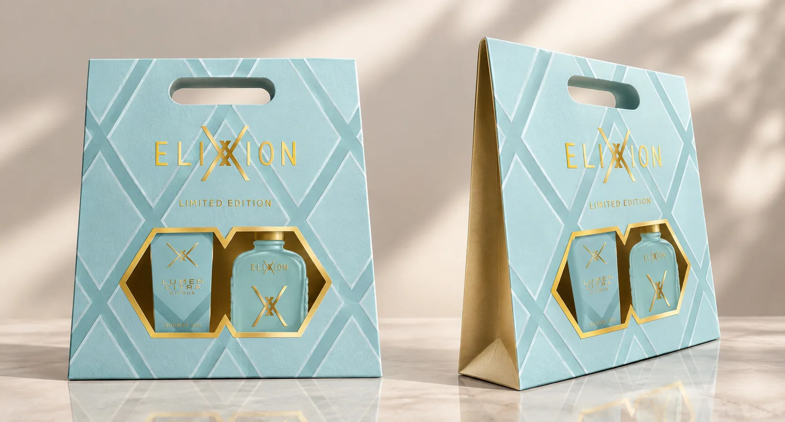 Limited edition ELIXXION gift bag in aqua with a gold window showing two bottles