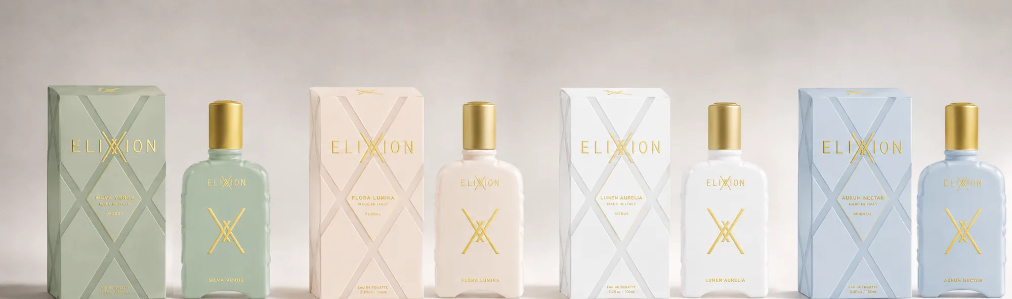 Four ELIXXION Eaux de Toilette in sage, blush, white and powder blue